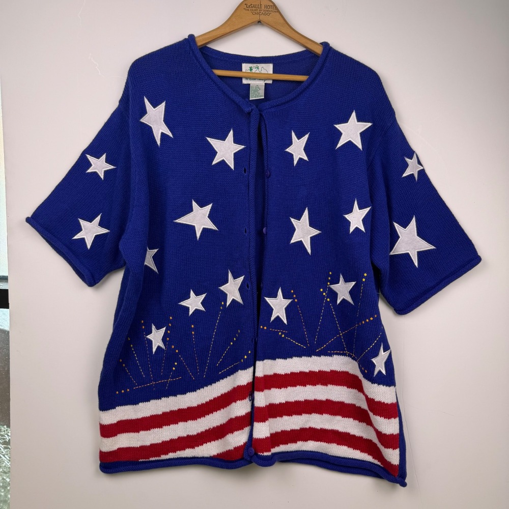 Quacker Factory Patriotic Stars and Stripes Short Sleeve Cardigan Blue 1X